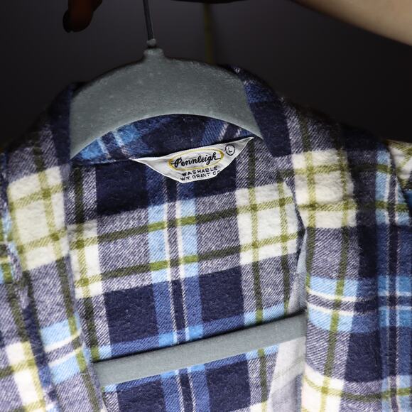 Vintage Pennleigh Plaid Flannel Robe L Blue Green White Belted - Picture 3 of 3